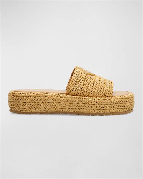 prada raffia single-band platform slides|Prada raffia slides.